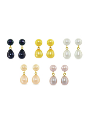 Vera Perla 5-Pieces 18K Gold Dangle Earrings Set for Women, with 7mm Pearl Stones, Multicolour