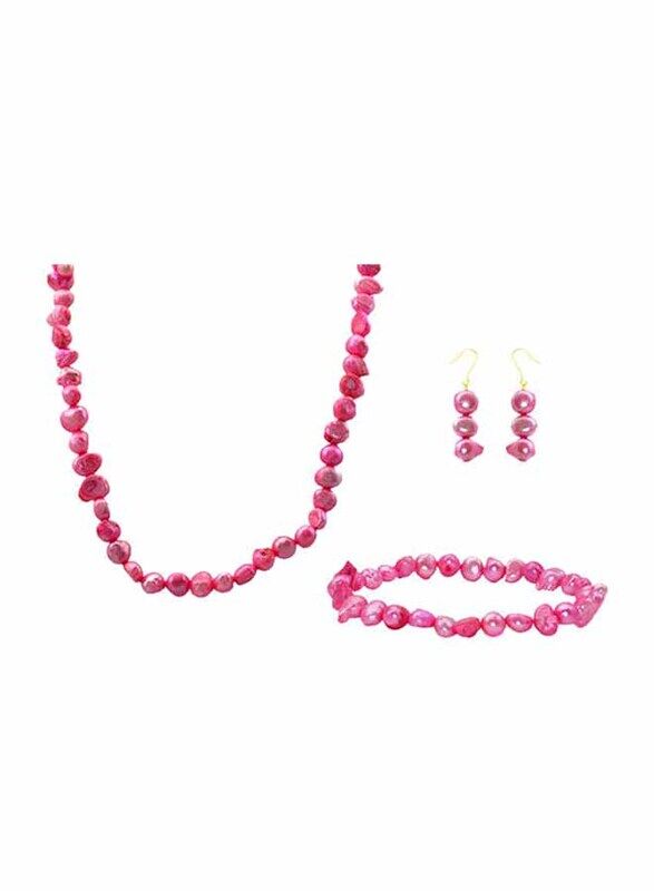 

Vera Perla 3-Pieces 10K Gold Jewellery Set for Women, with 38cm Necklace, Bracelet and Earrings, with Pearl Stones, Pink