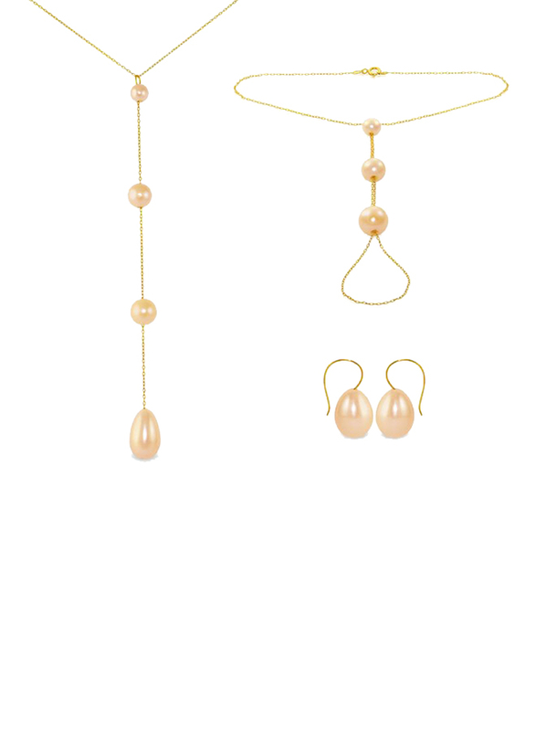 

Vera Perla 3-Piece 18K Gold Jewellery Set for Women, with Necklace, Bracelet and Earrings, with Built-in Gradual and Drop Pearls Stone, Gold/Pink