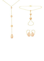 Vera Perla 3-Piece 18K Gold Jewellery Set for Women, with Necklace, Bracelet and Earrings, with Built-in Gradual and Drop Pearls Stone, Gold/Pink