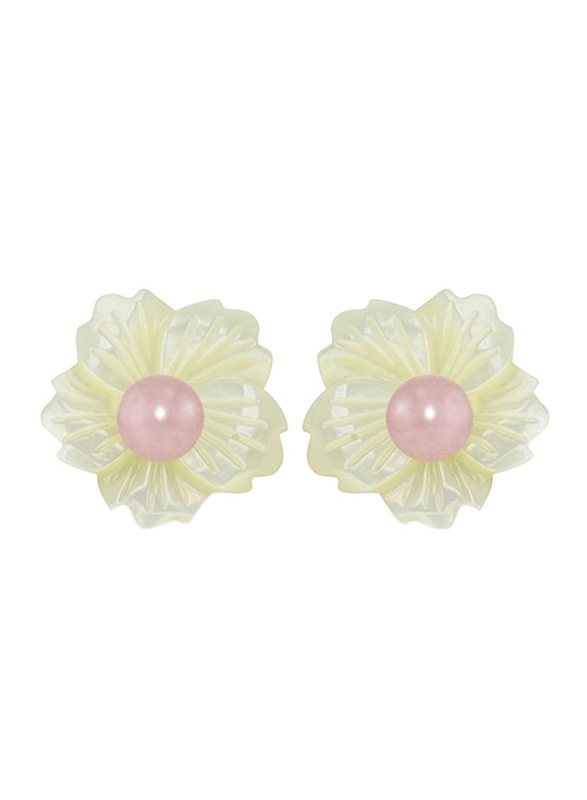 Vera Perla 18K Solid Yellow Gold Screw Back Earrings for Women, with 19mm Flower Shape Mother of Pearl and 6-7mm Pearl Stone, White/Gold/Pink