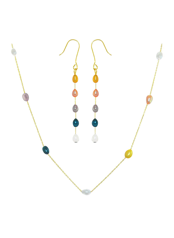 Vera Perla 2-Pieces 18K Gold Jewellery Set for Women, with Pearls Stone, Necklace and Earrings, Multicolour