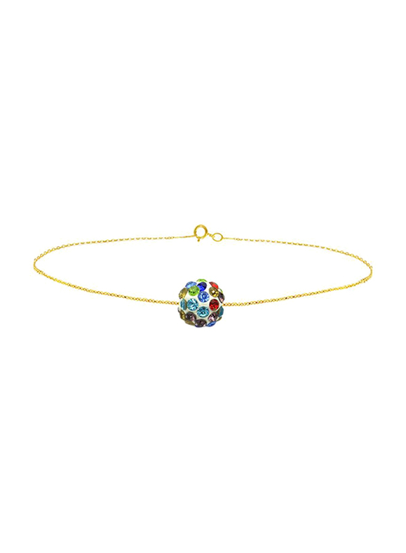 Vera Perla 10K Solid Gold Chain Bracelet for Women, with 10 mm Crystal Ball, Gold/Blue/Red