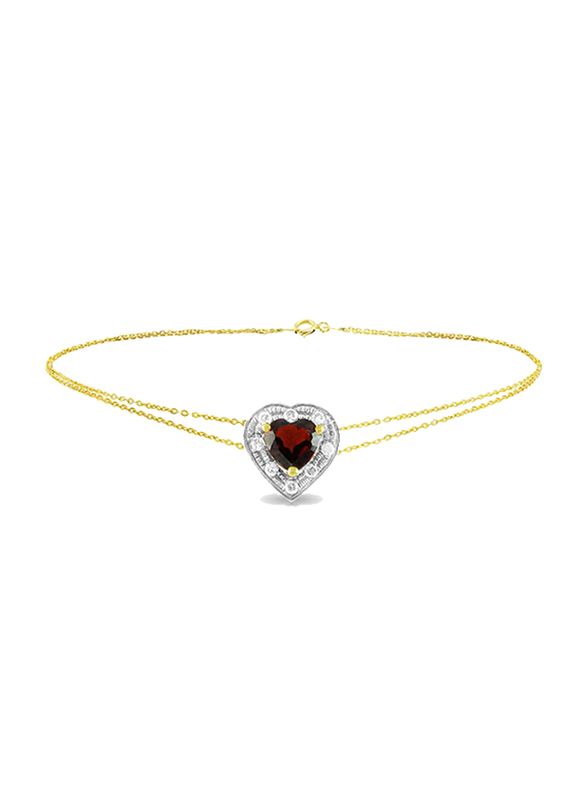 Vera Perla 18K Gold Chain Bracelet for Women, with 0.08ct Diamonds and Garnet Heart Stone, Red/Silver
