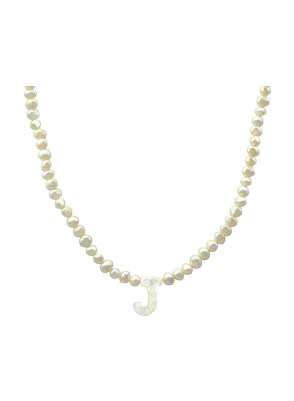 Vera Perla 18K Gold Strand Pendant Necklace for Women, with Letter J and Mother of Pearl Stones, White