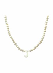 Vera Perla 18K Gold Strand Pendant Necklace for Women, with Letter J and Mother of Pearl Stones, White