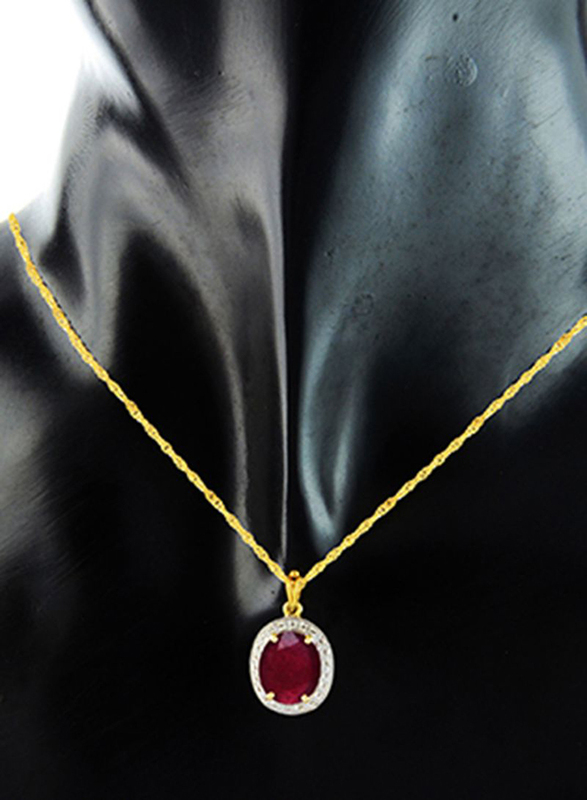 Vera Perla 18K Gold Necklace for Women, with 0.12ct Diamonds and Oval Cut Ruby Stone Pendant, Gold/Maroon