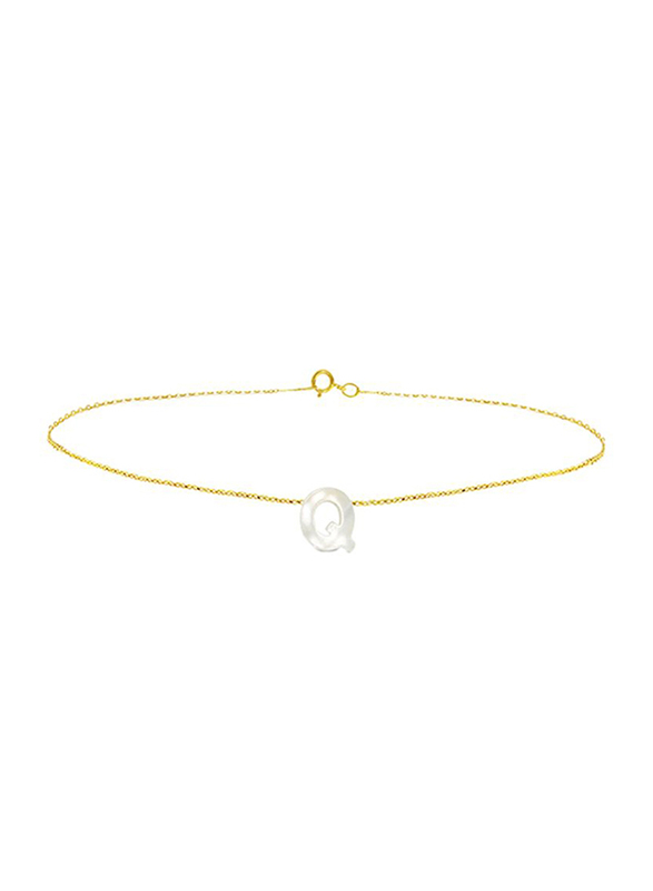 Vera Perla 18K Gold Charm Bracelet for Women, with Q Letter Mother of Pearl Stone, Gold/White