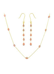 Vera Perla 2-Piece 10K Gold Jewellery Set for Women, with Pearls Stone, Necklace and Earrings, Gold/Pink