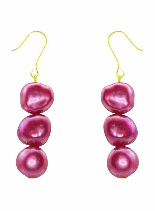 Vera Perla 10 Karat Gold Drop Earrings for Women, with 6mm Pearl Stones, Pink