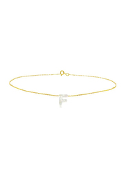Vera Perla 18K Gold Charm Bracelet for Women, with F Letter Mother of Pearl Stone, Gold/White