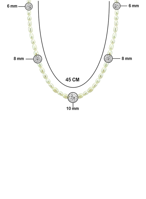 Vera Perla 10K Gold Statement Necklace for Women, with Built-in Crystal Balls and Pearls, White/Clear