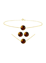 Vera Perla 3-Pieces 10K Gold Jewellery Set for Women, Bracelet & Earrings, with Tiger Eye, Gold/Brown