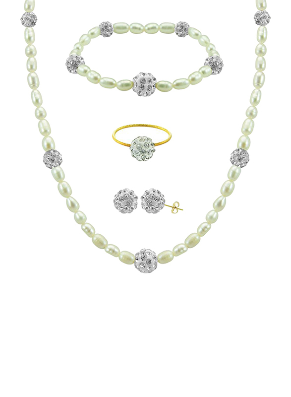 Vera Perla 4-Pieces 10K Gold Strand Jewellery Set for Women Gradual Built-in Crystal Balls and Pearls, Necklace, Bracelet, Earrings and Ring, White