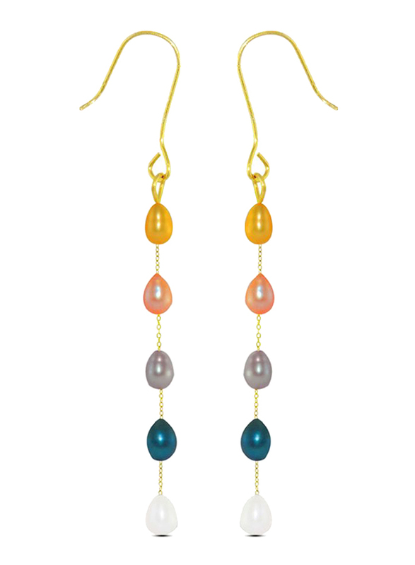 Vera Perla 18K Gold Opera Drop Earrings for Women, with White Pearl Stones, Multicolour