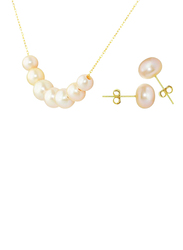 Vera Perla 2-Pieces 10K Gold Necklace Set for Women, with Earrings, Pearls Stone, Gold/Peach