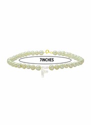Vera Perla 18K Gold Strand Beaded Bracelet for Women, with Letter F Mother of Pearl and Pearl Stone, White