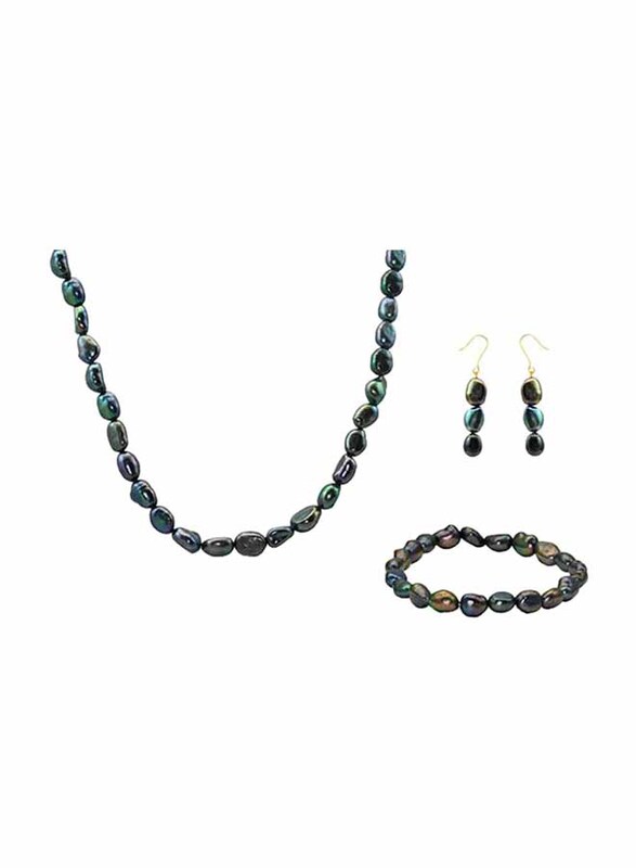 Vera Perla 3-Pieces 18K Gold Jewellery Set for Women, with Necklace, Bracelet and Earrings, with Pearl Stones, Blue