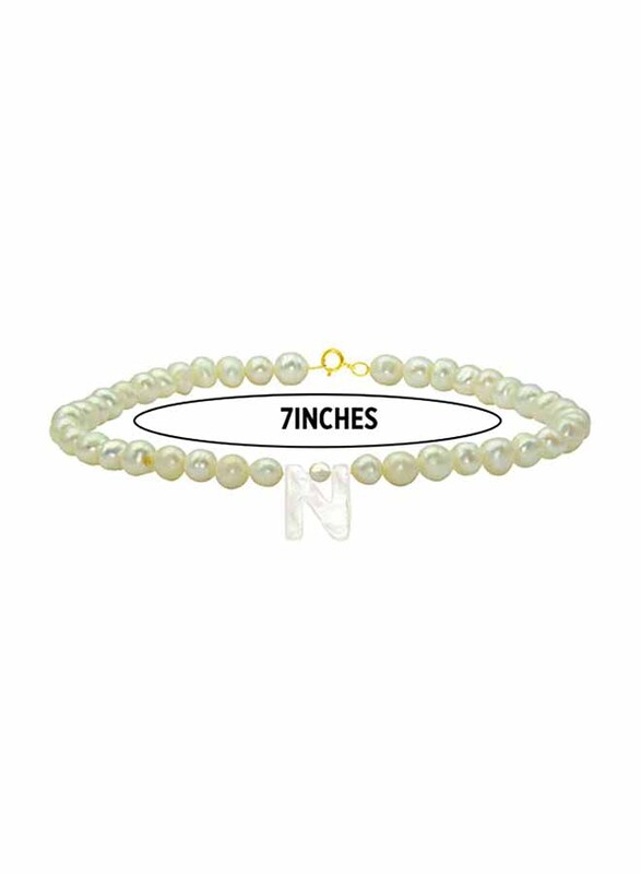 Vera Perla 10K Gold Strand Beaded Bracelet for Women, with Letter N Mother of Pearl and Pearl Stone, White