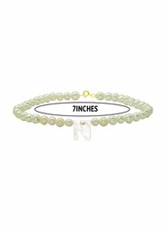 Vera Perla 10K Gold Strand Beaded Bracelet for Women, with Letter N Mother of Pearl and Pearl Stone, White