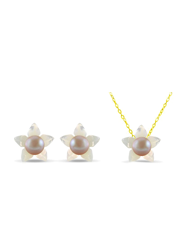 Vera Perla 3-Pieces 18k Solid Yellow Gold Jewellery Set for Women, with Necklace, Bracelet and Earrings, with Mother of Pearl Flower Shape and 4mm Pearl, White/Purple