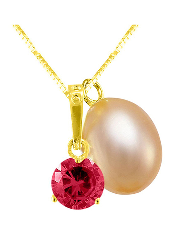Vera Perla 18K Solid Yellow Gold Necklace for Women, with Zircon and 7 mm Pearl Stone Pendant, Pink/Rose Gold/White