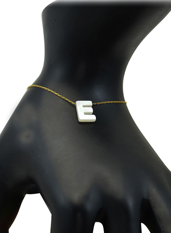 Vera Perla 18K Gold Charm Bracelet for Women, with E Letter Mother of Pearl Stone, Gold/White