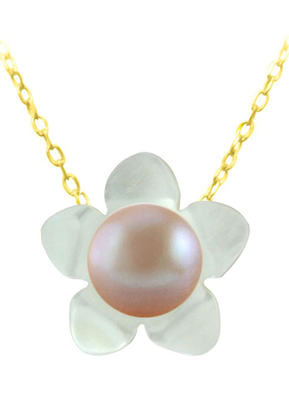 Vera Perla 18k Solid Yellow Gold Chain Necklace for Women, with 13mm Mother of Pearl Flower Shape and 7mm Pearl Pendant, White/Rose Gold