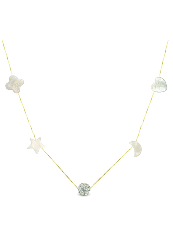 Vera Perla 18k Yellow Gold Chain Necklace for Women, with Gradual Built In Mother of Pearl and Crystal Ball, White/Gold