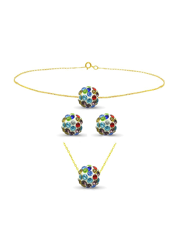 Vera Perla 3-Pieces 10K Solid Gold Earring, Bracelet and Necklace Set for Women, with Necklace, Bracelet and Earrings, with 10 mm Crystal Ball, Blue/Red/Green/Gold