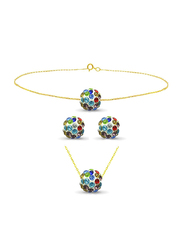 Vera Perla 3-Pieces 10K Solid Gold Earring, Bracelet and Necklace Set for Women, with Necklace, Bracelet and Earrings, with 10 mm Crystal Ball, Blue/Red/Green/Gold