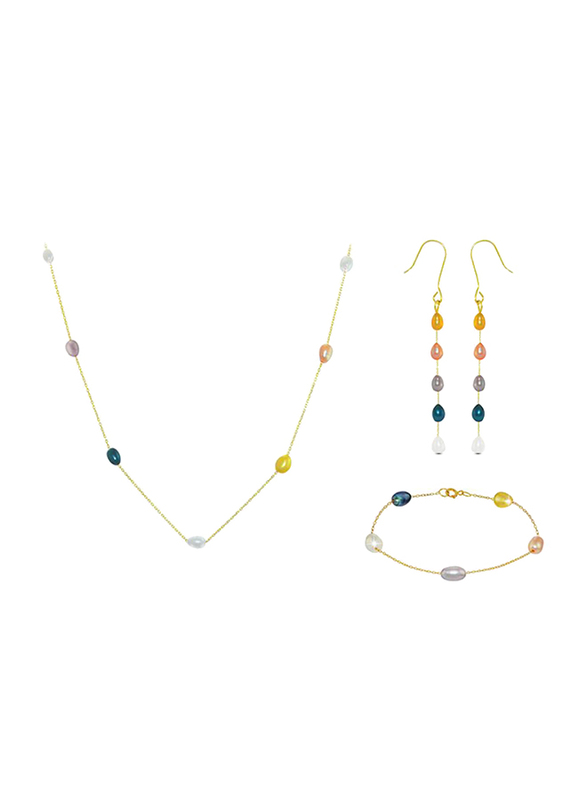 Vera Perla 3-Pieces 10K Gold Jewellery Set for Women, with Pearls Stone, Necklace, Bracelet and Earrings, Multicolour