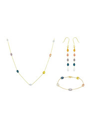 Vera Perla 3-Pieces 10K Gold Jewellery Set for Women, with Pearls Stone, Necklace, Bracelet and Earrings, Multicolour