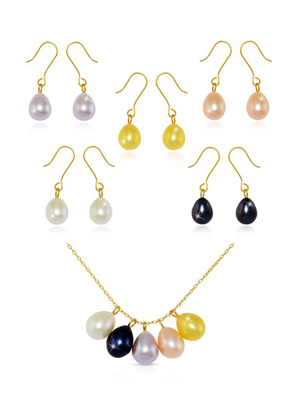 Vera Perla 6-Pieces 10K Gold Jewellery Set for Women with Pearl Pendant and 5 Earrings, Black/White/Yellow/Purple/Pink