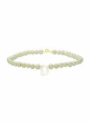 Vera Perla 18K Gold Strand Beaded Bracelet for Women, with Letter D Mother of Pearl and Pearl Stone, White
