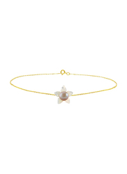 Vera Perla 18 Karat Solid Yellow Gold Chain Bracelet for Women, with 10mm Mother of Pearl Flower Shape and 4mm Pearl, Gold