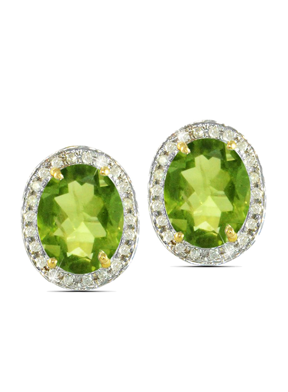 Vera Perla 18K Gold Stud Earrings for Women, with 0.24 ct Diamonds and Oval Cut Peridot Stone, Green