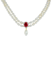 Vera Perla 18K Gold Strand Necklace for Women, with 0.12ct Diamonds, Oval Ruby and Pearl Stones, White/Red