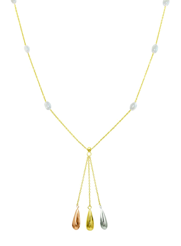 Vera Perla 18K Solid 3 Tone Gold Drop Necklace for Women, with Gradual Built In Pearl Stone, White/Beige/Yellow/Silver