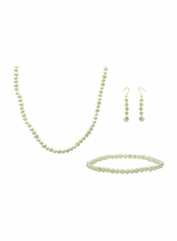 Vera Perla 3-Pieces 18K Gold Jewellery Set for Women, with Necklace, Bracelet and Earrings, with Pearl Stones, White