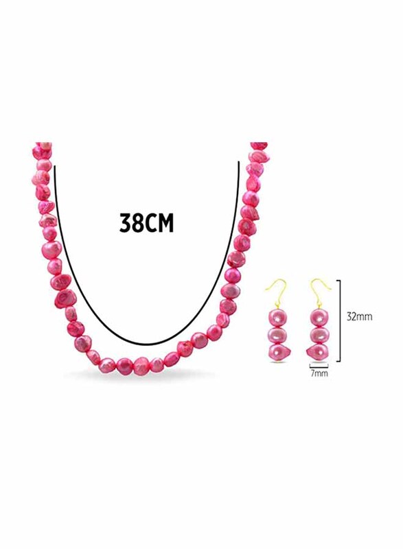 Vera Perla 2-Pieces 18K Gold Strand Jewellery Set for Women, with Necklace and Earrings, with Genuine Pearl Stones, Pink