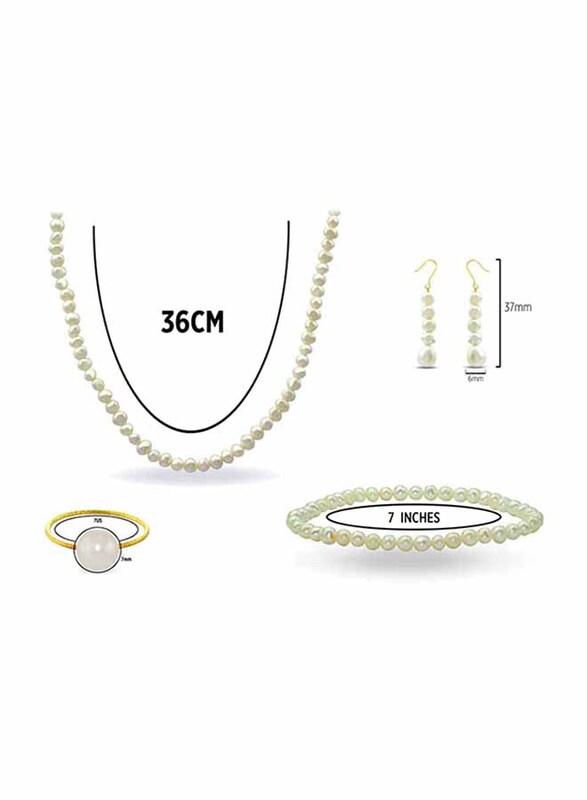 Vera Perla 4-Pieces 10K Gold Jewellery Set for Women, with 36cm Necklace, Bracelet, Ring and Earrings, with Pearl Stones, White