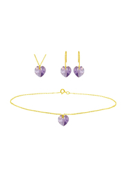 Vera Perla 3-Pieces 10K Solid Yellow Gold Jewellery Set for Women, with Necklace, Bracelet and Earrings, with 7mm Amethyst Stone, Gold/Purple