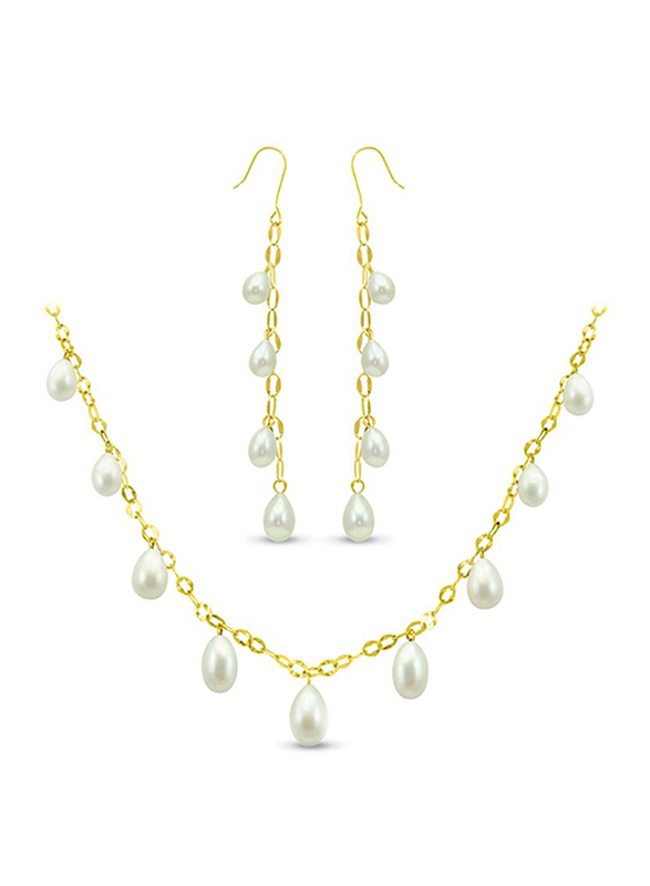 Vera Perla 2-Pieces 18K Gold Drops Jewellery Set for Women, with Necklace and Earrings, with Pearl Stone, White/Gold