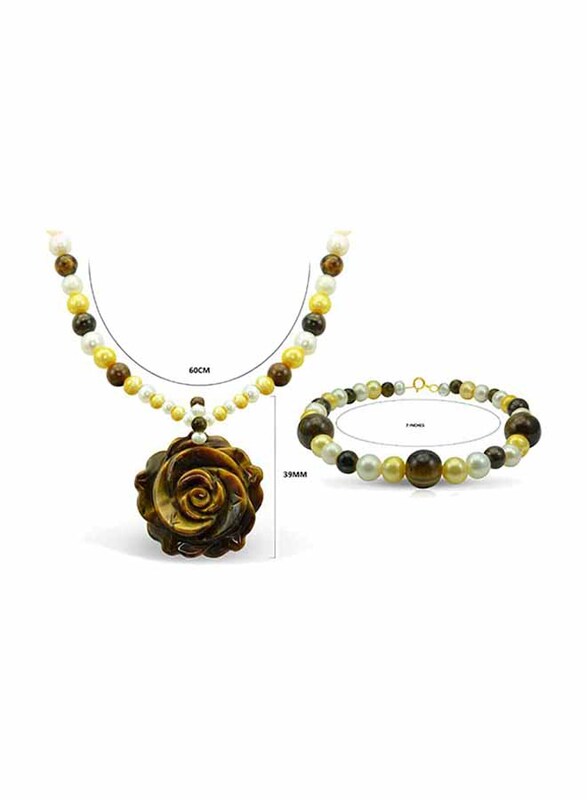 Vera Perla 2-Pieces 10k Solid Yellow Gold Jewellery Set for Women, with Necklace and Earrings, with 5-10mm Pearls and Tiger Eye Stone, Brown/Yellow/White