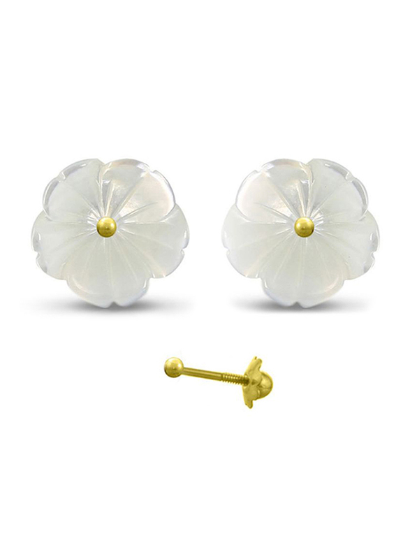 Vera Perla 18K Gold Stud Earrings for, with Women Flower Shell and10mm Pearls Stone, White/Gold