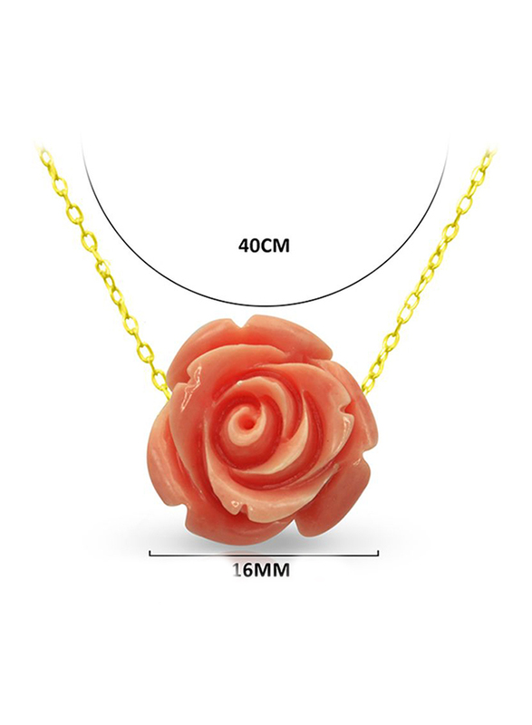 Vera Perla 18K Solid Yellow Gold Chain Necklace for Women, with 16mm Rose Carved, Pink/Gold