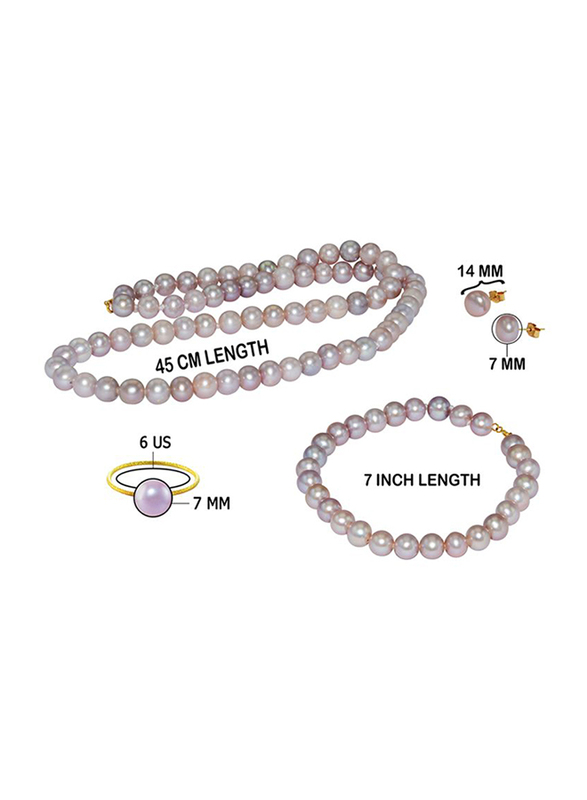 Vera Perla 4-Pieces 10K Gold Strand Jewellery Set for Women, with Pearls Stone, Necklace, Bracelet, Earrings and Ring, Purple