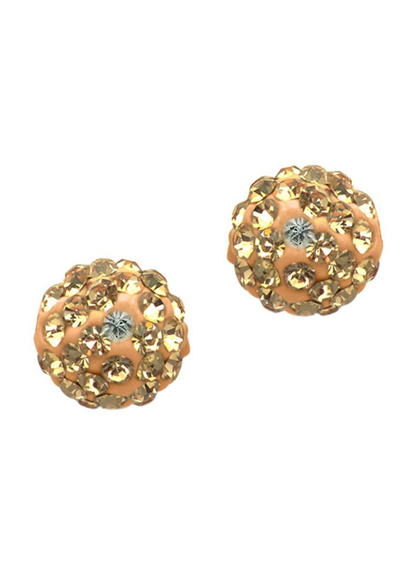 Vera Perla 18K Solid Yellow Gold Simple Ball Earrings for Women, with 10mm Crystal Ball, Peach/Gold