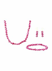 Vera Perla 3-Pieces 10K Gold Jewellery Set for Women, with 41cm Necklace, Bracelet and Earrings, with Pearl Stones, Pink